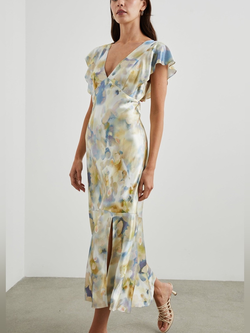 Rails Dina XXS Floral V-Neck Flutter Sleeve Midi Dress Watercolor